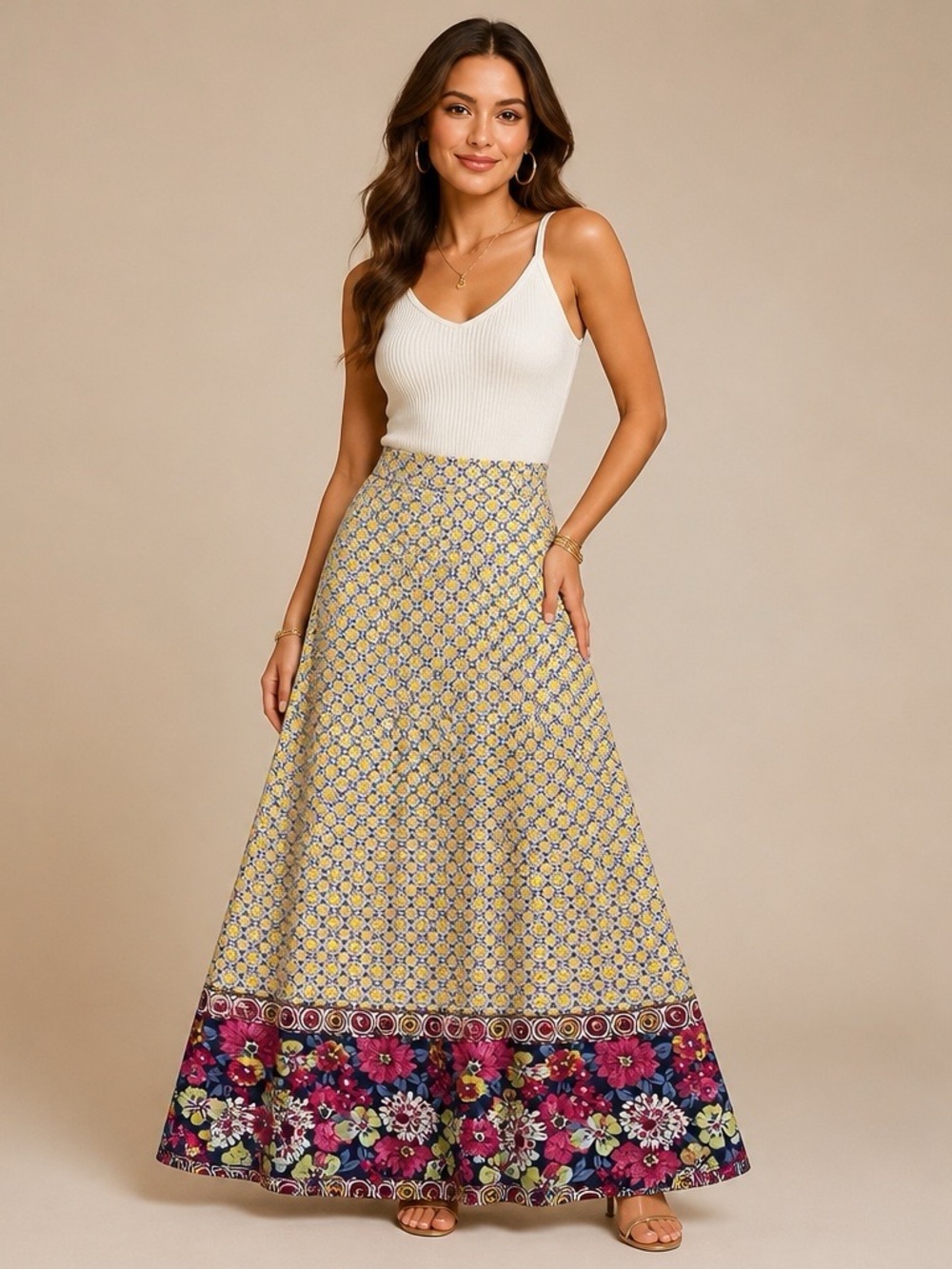 LuLaRoe Floral Border Maxi Skirt in Yellow with a floral hem Size Large